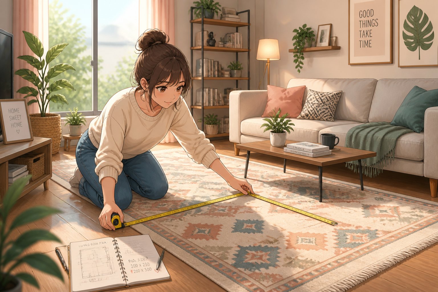 Une femme mesure un tapis dans un salon lumineux et moderne avec des meubles et des plantes.